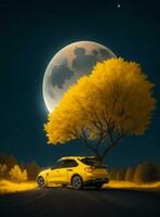 ai gerado amarelo carro dentro a noite foto