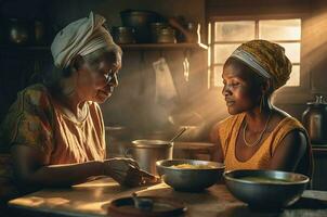 ai gerado idosos africano mulher ensino quão para cozinhando jovem senhora. gerar ai foto