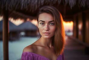 ai gerado menina retrato em verão tropical período de férias. gerar ai foto