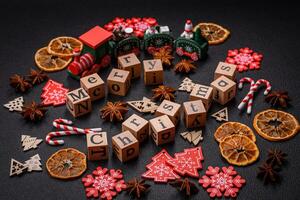 lindo Natal composição com cópia de espaço com a inscrição dentro de madeira cubos foto