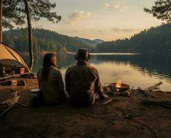 ai gerado casal do amantes desfrutando seus viagem através a lindo natureza lago foto