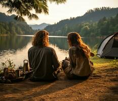 ai gerado casal do amantes desfrutando seus viagem através a lindo natureza lago foto