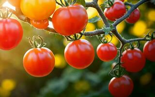 ai gerado generoso colheita vibrante tomates em linha reta a partir de a jardim ai gerado foto