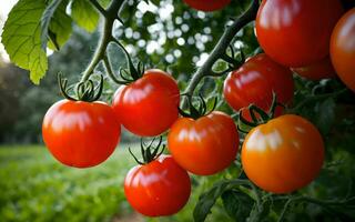 ai gerado generoso colheita vibrante tomates em linha reta a partir de a jardim ai gerado foto