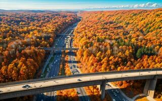 ai gerado outonal rodovia Visualizações aéreo serenidade sobre madeiras e viadutos ai gerado foto