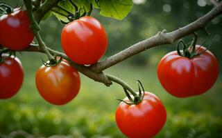 ai gerado generoso colheita vibrante tomates em linha reta a partir de a jardim ai gerado foto