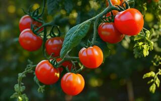 ai gerado generoso colheita vibrante tomates em linha reta a partir de a jardim ai gerado foto