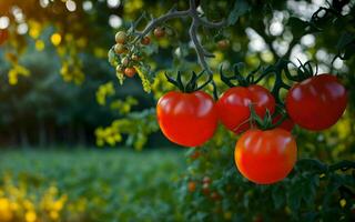 ai gerado generoso colheita vibrante tomates em linha reta a partir de a jardim ai gerado foto