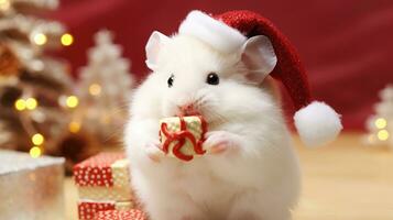 ai gerado adorável fofo hamster santa chapéu sentado Natal presente caixa luzes foto Novo ano poster