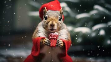 ai gerado fofa coala vermelho santa chapéu fundo neve cartão postal fofo animais presente vermelho inverno foto