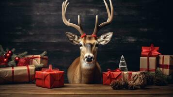 ai gerado fofa veado vermelho santa chapéu fundo neve cartão postal fofo animais presente vermelho inverno foto