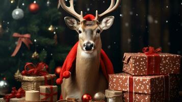 ai gerado fofa veado vermelho santa chapéu fundo neve cartão postal fofo animais presente vermelho inverno foto