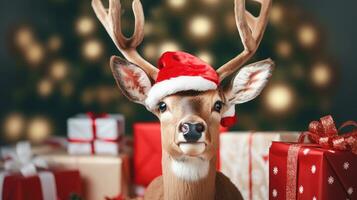 ai gerado fofa veado vermelho santa chapéu fundo neve cartão postal fofo animais presente vermelho inverno foto