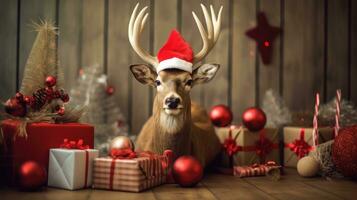 ai gerado fofa veado vermelho santa chapéu fundo neve cartão postal fofo animais presente vermelho inverno foto