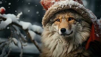 ai gerado fofa Coelho lebre vermelho santa chapéu fundo neve cartão postal fofo animais presente vermelho inverno foto