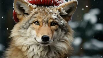 ai gerado fofa Coelho lebre vermelho santa chapéu fundo neve cartão postal fofo animais presente vermelho inverno foto