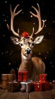ai gerado fofa veado vermelho santa chapéu fundo neve cartão postal fofo animais presente vermelho inverno foto