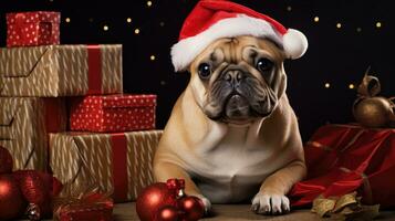 ai gerado fofa cachorro rouco Lobo cachorro com Natal presente caixas conceito foto poster alegre presente vermelho Novo ano