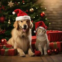 ai gerado fofa cachorro cachorro retriever com Natal presente caixas conceito foto poster alegre presente vermelho Novo ano