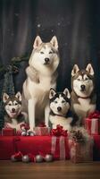 ai gerado fofa cachorro rouco Lobo cachorro com Natal presente caixas conceito foto poster alegre presente vermelho Novo ano