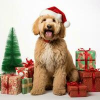 ai gerado fofa cachorro cachorro retriever com Natal presente caixas conceito foto poster alegre presente vermelho Novo ano