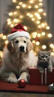 ai gerado fofa cachorro cachorro retriever com Natal presente caixas conceito foto poster alegre presente vermelho Novo ano