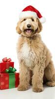 ai gerado fofa cachorro cachorro com Natal presente caixas conceito foto poster alegre presente vermelho Novo ano