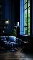 ai gerado Sombrio azul moderno estilo vivo quarto interior foto