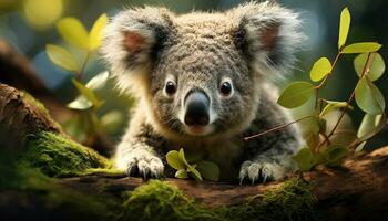 ai gerado fofa coala sentado em filial, olhando às Câmera dentro floresta gerado de ai foto