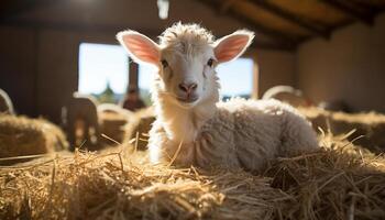 ai gerado fofa alpaca pastar dentro Prado, encarando inocentemente às Câmera gerado de ai foto