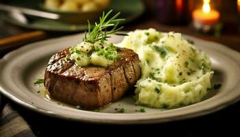 ai gerado grelhado bife, cozinhou cru, suculento e temperado com especiaria gerado de ai foto