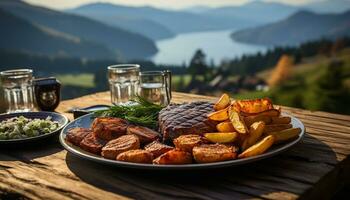 ai gerado grelhado bife, fresco vegetais, saudável refeição, pronto para comer gerado de ai foto