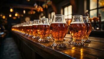 ai gerado Cerveja vidro em Barra contador derramando espumoso beber às noite gerado de ai foto