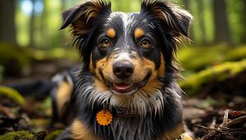 ai gerado fofa cachorro sentado ao ar livre, olhando às Câmera com focado olhar gerado de ai foto