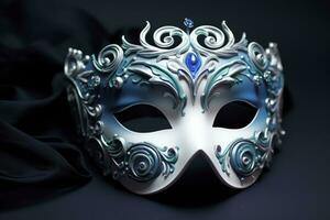 ai gerado uma azul e branco veneziano mascarada mascarar com uma Preto fundo. foto