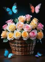 ai gerado foto do a cesta com pastel cores rosas e borboletas