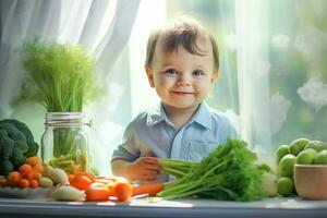 ai gerado uma pequeno criança senta às a mesa dentro frente do ele vegetais, brócolis, cenouras, tomates, repolho foto