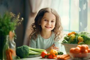 ai gerado uma pequeno criança senta às a mesa dentro frente do ele vegetais, brócolis, cenouras, tomates, repolho foto