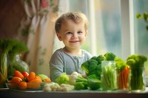 ai gerado uma pequeno criança senta às a mesa dentro frente do ele vegetais, brócolis, cenouras, tomates, repolho foto