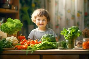 ai gerado uma pequeno criança senta às a mesa dentro frente do ele vegetais, brócolis, cenouras, tomates, repolho foto