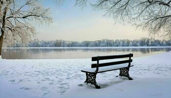 ai gerado neve coberto Banco ao lado lago dentro inverno foto