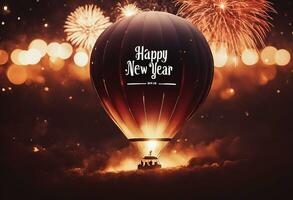 ai gerado feliz Novo anos noite com fogos de artifício e feliz Novo ano 2024.feliz Novo ano escrito em quente ar balão. foto
