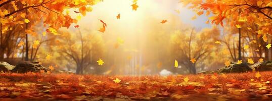 ai gerado folhas outono em a terra com luz solar brilhando através, caprichoso paisagens foto