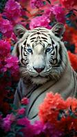 ai gerado lindo branco tigre com azul olhos e Primavera flores foto