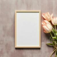 ai gerado mínimo composição com em branco branco foto quadro, Armação e flores em uma Rosa pastel fundo. disposição esvaziar fundo com cópia de espaço. feliz mãe e dia dos namorados dia. brincar