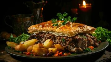 ai gerado bife e rim torta Comida prato foto