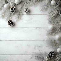 ai gerado Natal fundo com abeto galhos e enfeites em branco de madeira fundo foto