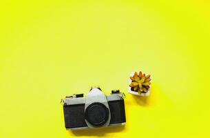 topo Visão do vintage Câmera e plantar em amarelo fundo plano deitar foto