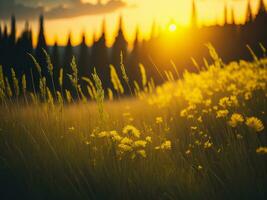 ai gerado abstrato suave foco pôr do sol campo panorama do amarelo flores e Relva Prado caloroso dourado hora pôr do sol nascer do sol tempo. tranquilo Primavera verão natureza fechar-se e borrado floresta fundo. foto