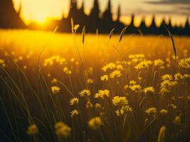 ai gerado abstrato suave foco pôr do sol campo panorama do amarelo flores e Relva Prado caloroso dourado hora pôr do sol nascer do sol tempo. tranquilo Primavera verão natureza fechar-se e borrado floresta fundo. foto